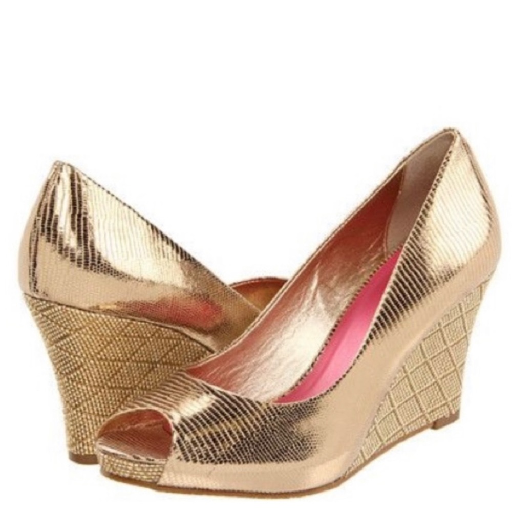 Lilly Pulitzer Gold Peep Toe Wedges Espadrilles